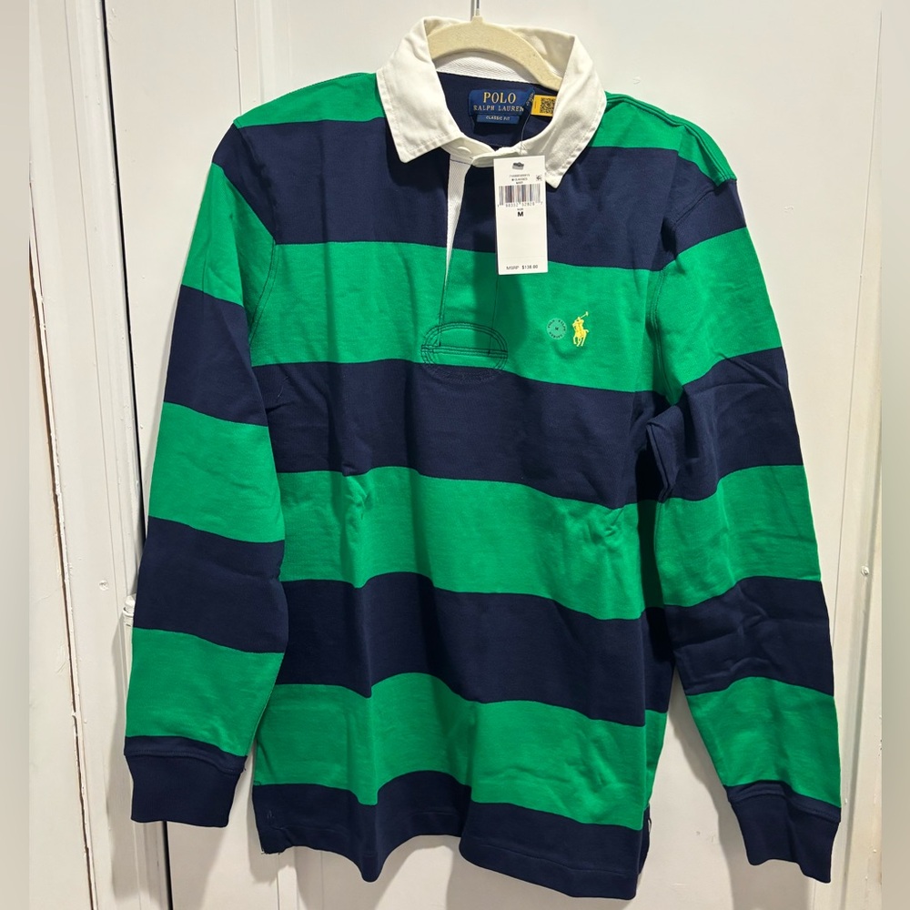 Polo Ralph Lauren Green and Navy Striped Rugby Shirt (new with tags)